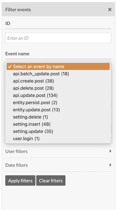The table of events in the Activity Log module, with the right-hand drawer showing the event filtering options for the table.