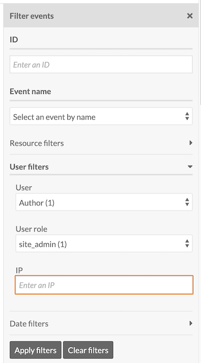 The table of events in the Activity Log module, with the right-hand drawer showing the user filtering options for the table.