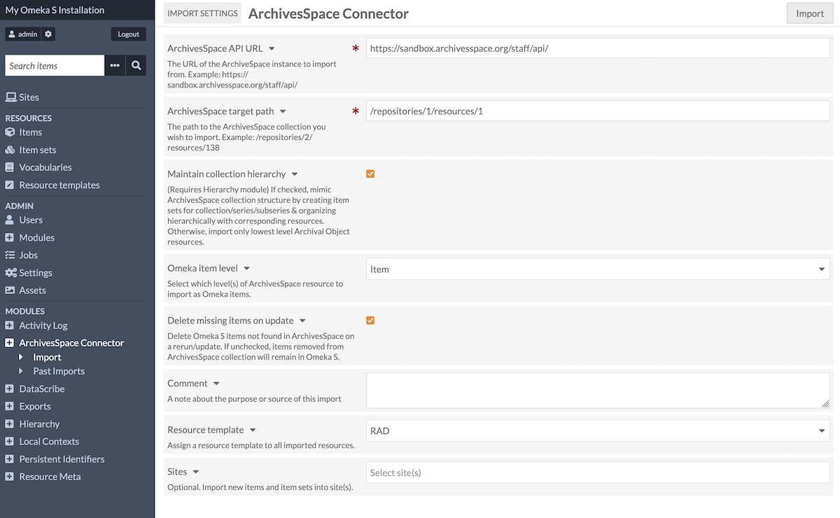 The import options for the ArchivesSpace Connector. Fields are listed in the text below.
