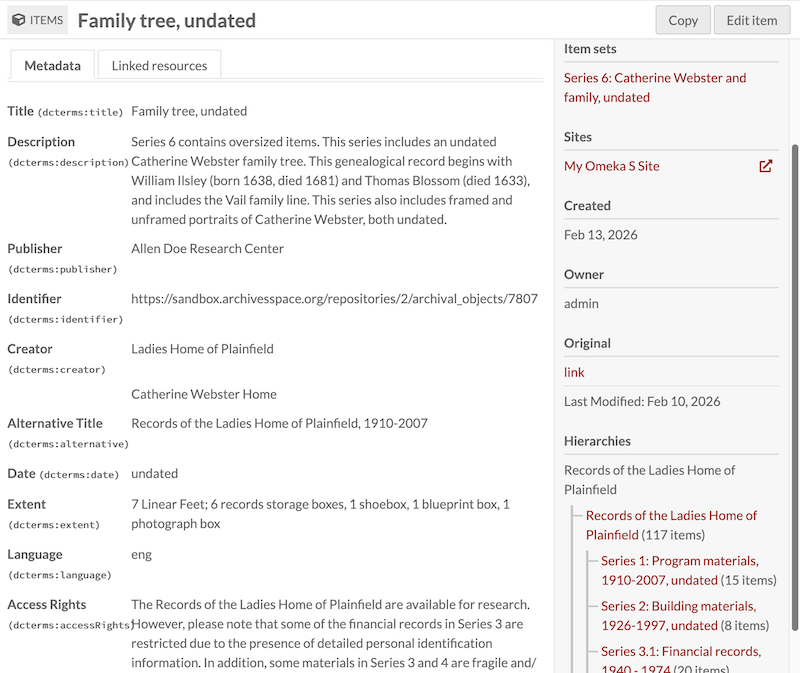 An item view page, showing that it sits inside an item set, and that the hierarchy is displaying in the right sidebar.