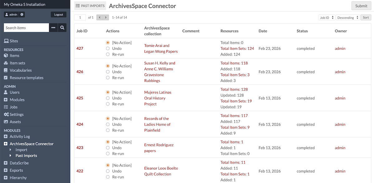 Table of past imports.
