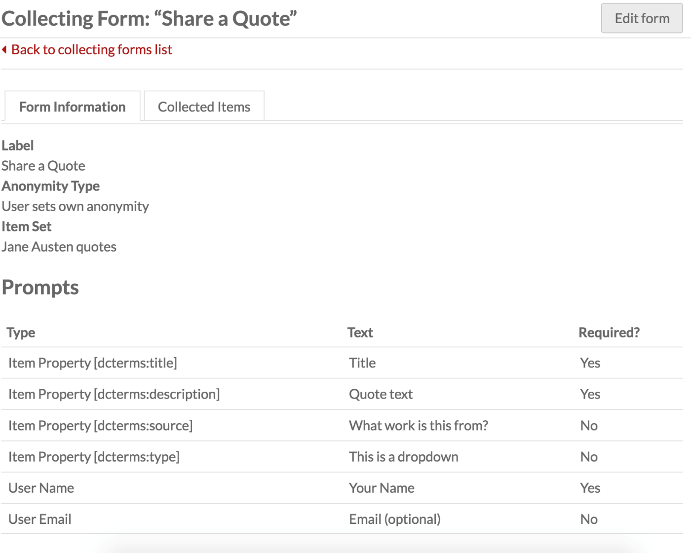 Form info page for "share a quote" form