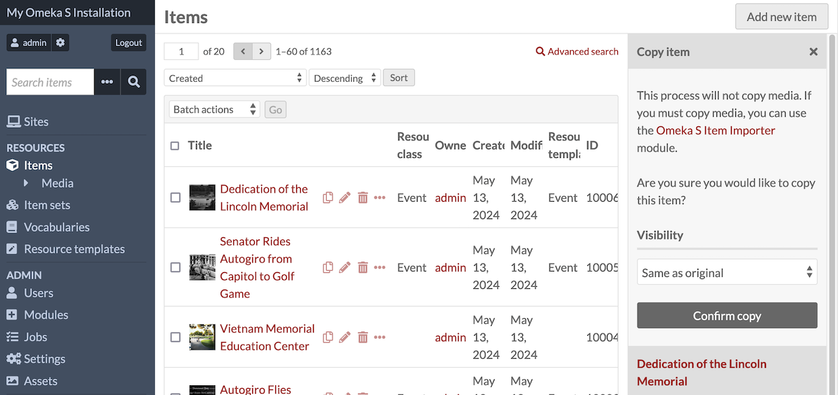 The items table in the admin side, showing "copy" buttons next to each item in the table, and a confirmation in the right-hand drawer.