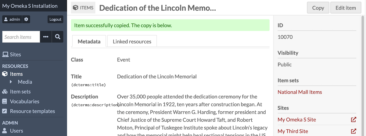 The item view page, with a confirmation message that the item was successfully copied.