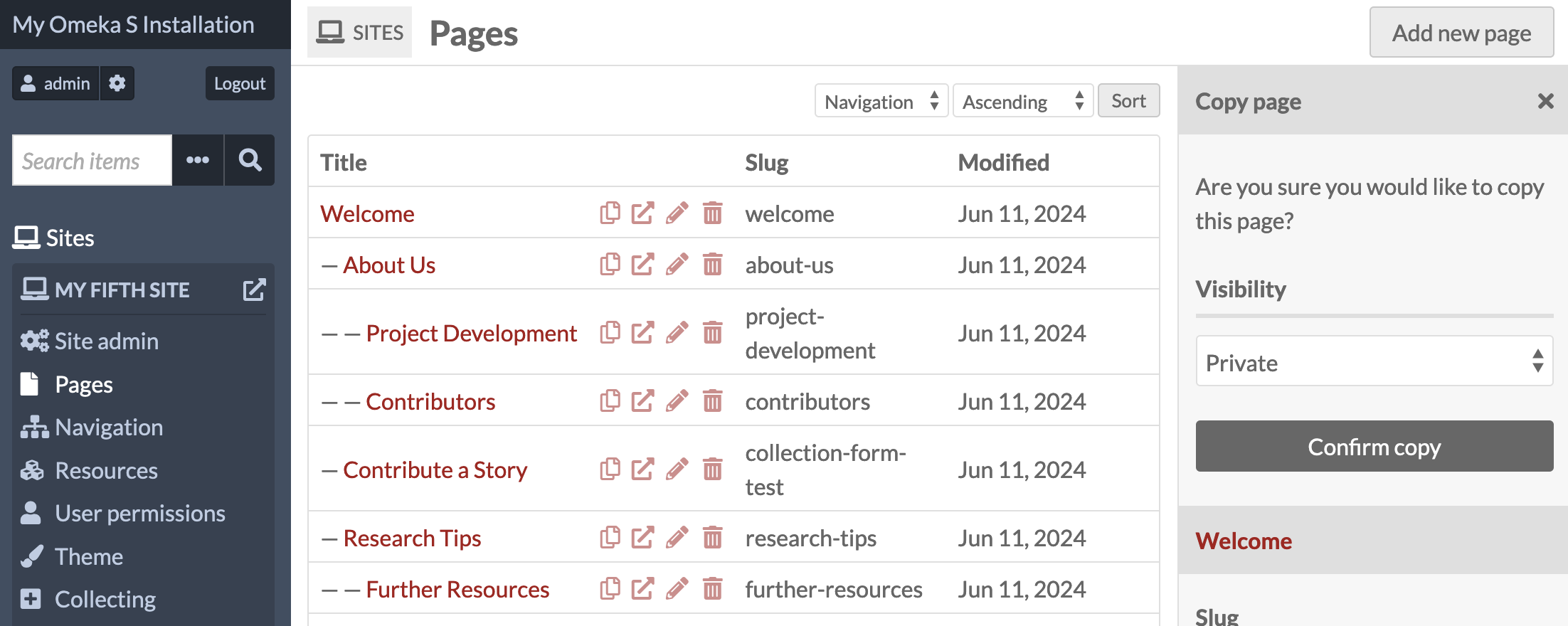 The pages table in the admin side, showing "copy" buttons next to each page in the table.