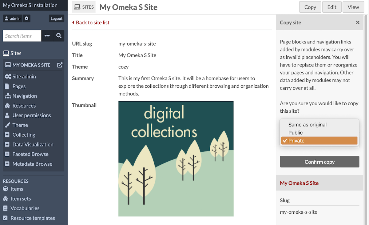 The site view page, with a "Copy" button in the top right corner of the screen, and the Confirmation window open in the right-hand drawer.