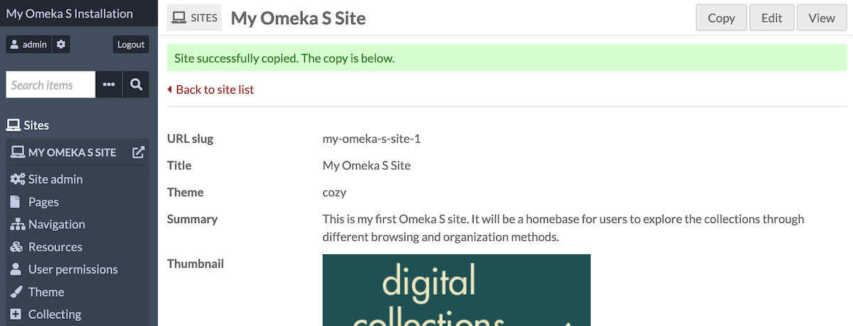 The site view page, after a site has been successfully copied.