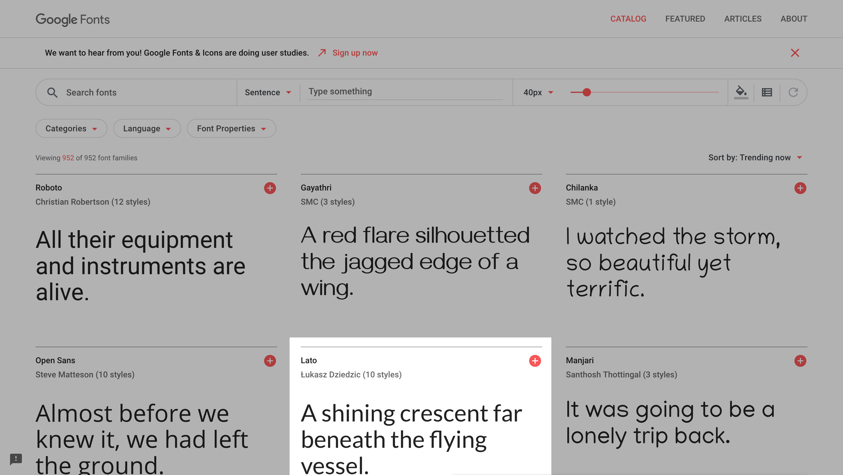 Google Fonts main page with "Lato" font family highlighted