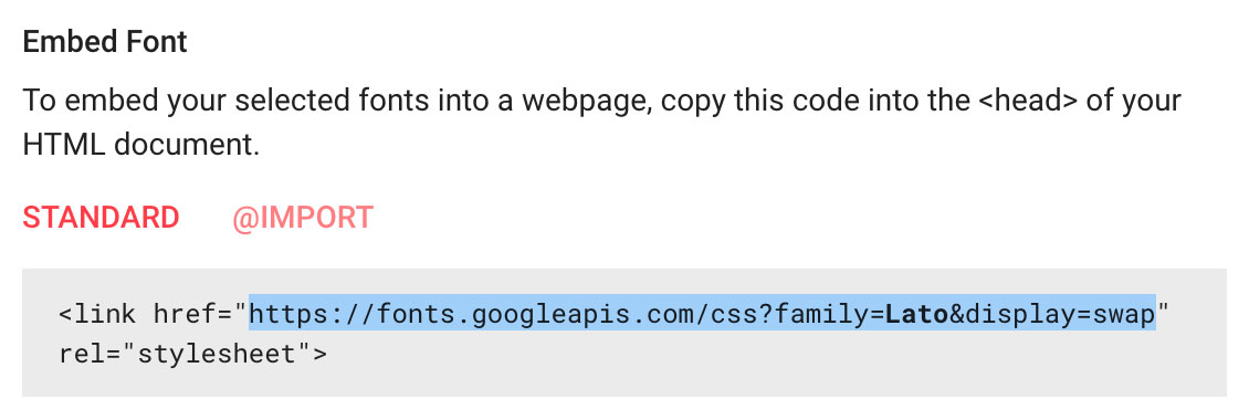 Screenshot of "Embed this font" section with external stylesheet url ("https://fonts.googleapis.com/css?family=Lato&display=swap") highlighted.