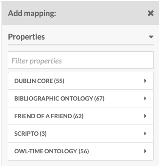 Properties option open, showing all of the installed vocabularies for the Omeka S installation: Dublin Core, Bibliographic Ontology, Friend of a Friend, Scripto and OWL-Time Ontology.