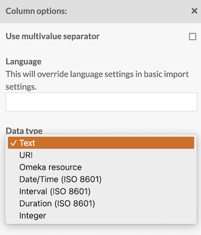 Column options drawer with the data type dropdown open, showing options for numeric data types as well as the standard options