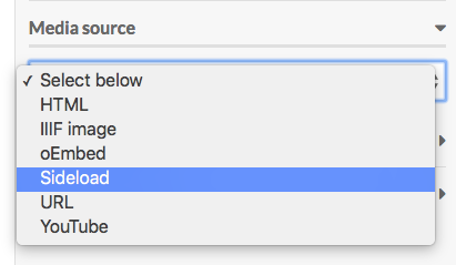 Dropdown menu for media source, with Sideload highlighted in blue