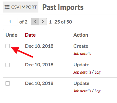 a red arrow points to a checked Undo box on the Past Imports page