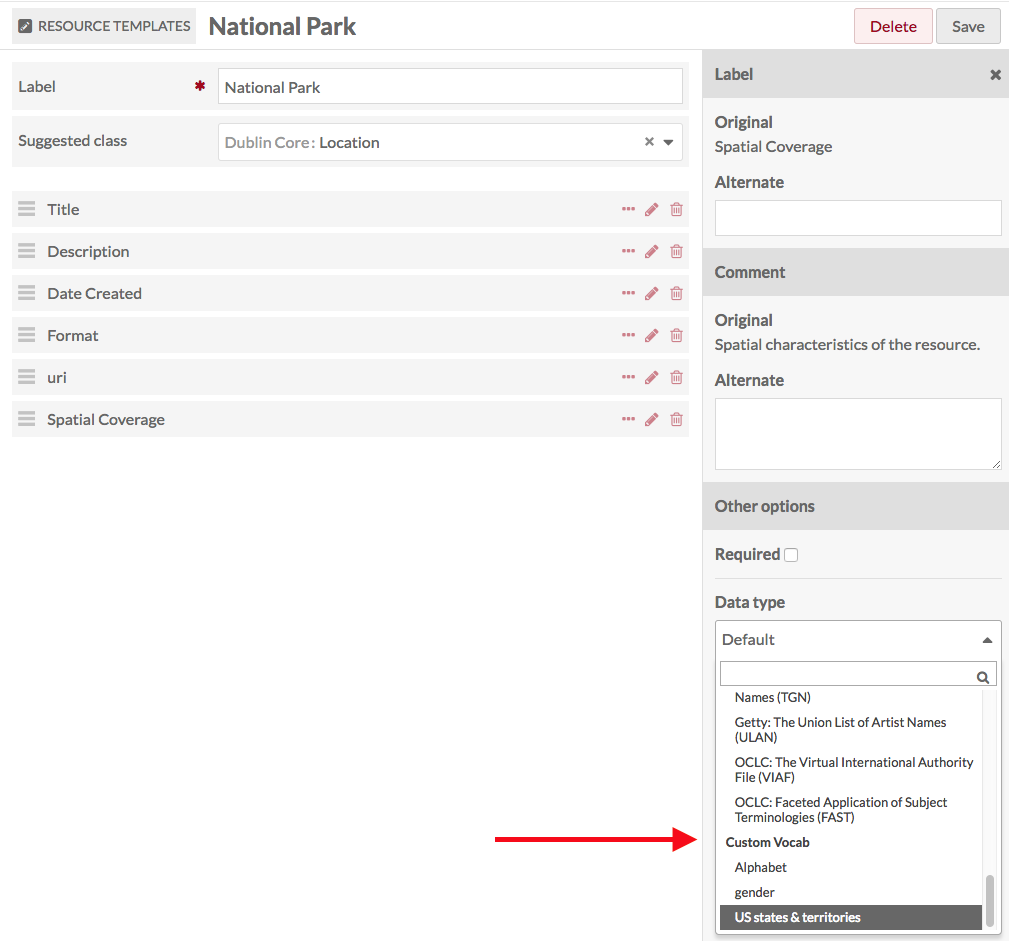 Resource Template data being edited with dropdown open to show available vocabularies