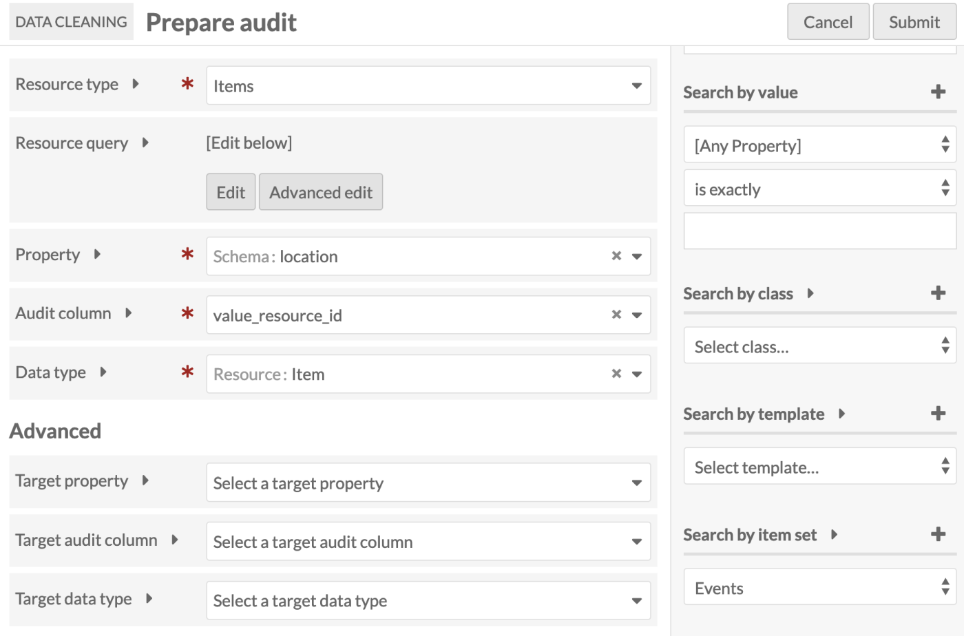 The Prepare Audit screen with Items set as the Resource Type; a Resource Query for Item set Events; the Property set to Schema:location; the Audit column set to value_resource_id;  and the Data type set to Resource