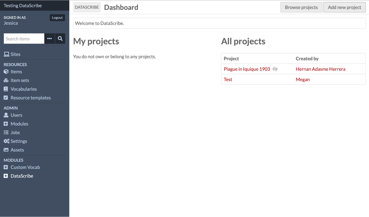 screenshot of the DataScribe dashboard showing the user does not currently own or belong to any projects, with the Add new project button visible in the upper right hand corner
