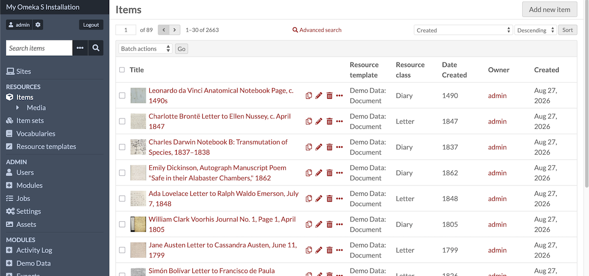 Items shown on the item browse page from the Demo Data: Document dataset. Thumbnails, item classes, and resource templates are displayed in the browse columns.