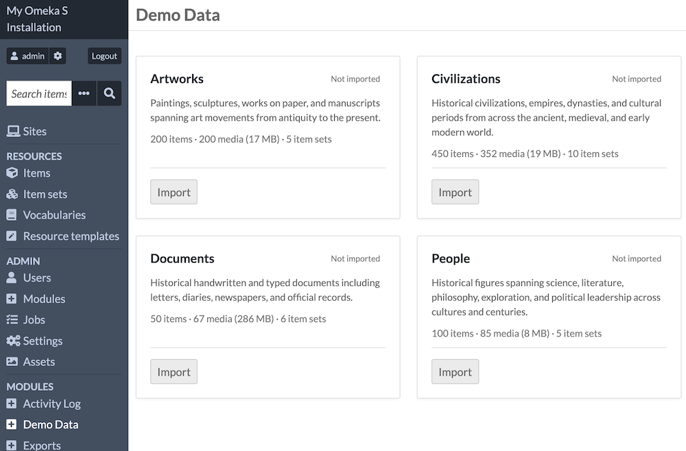 The administrative screen of Demo Data, showing the four available sample datasets in boxes, each with an "Import" button.