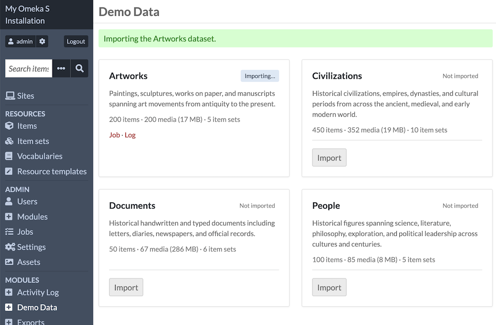 A dataset being imported. A green bar across the top of the screen indicates the import in process. The dataset box now shows "Importing..." besides the data title, and links for "Job" and "Log".
