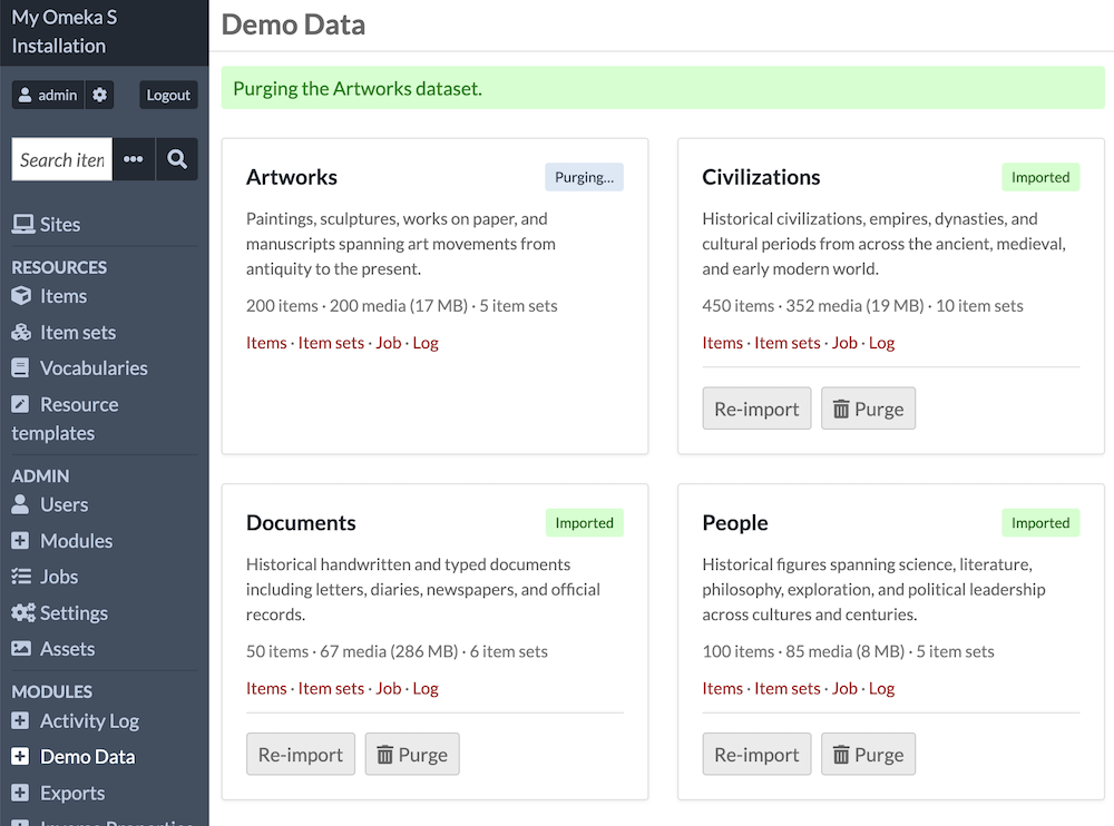 The Demo Data screen showing a dataset being purged.