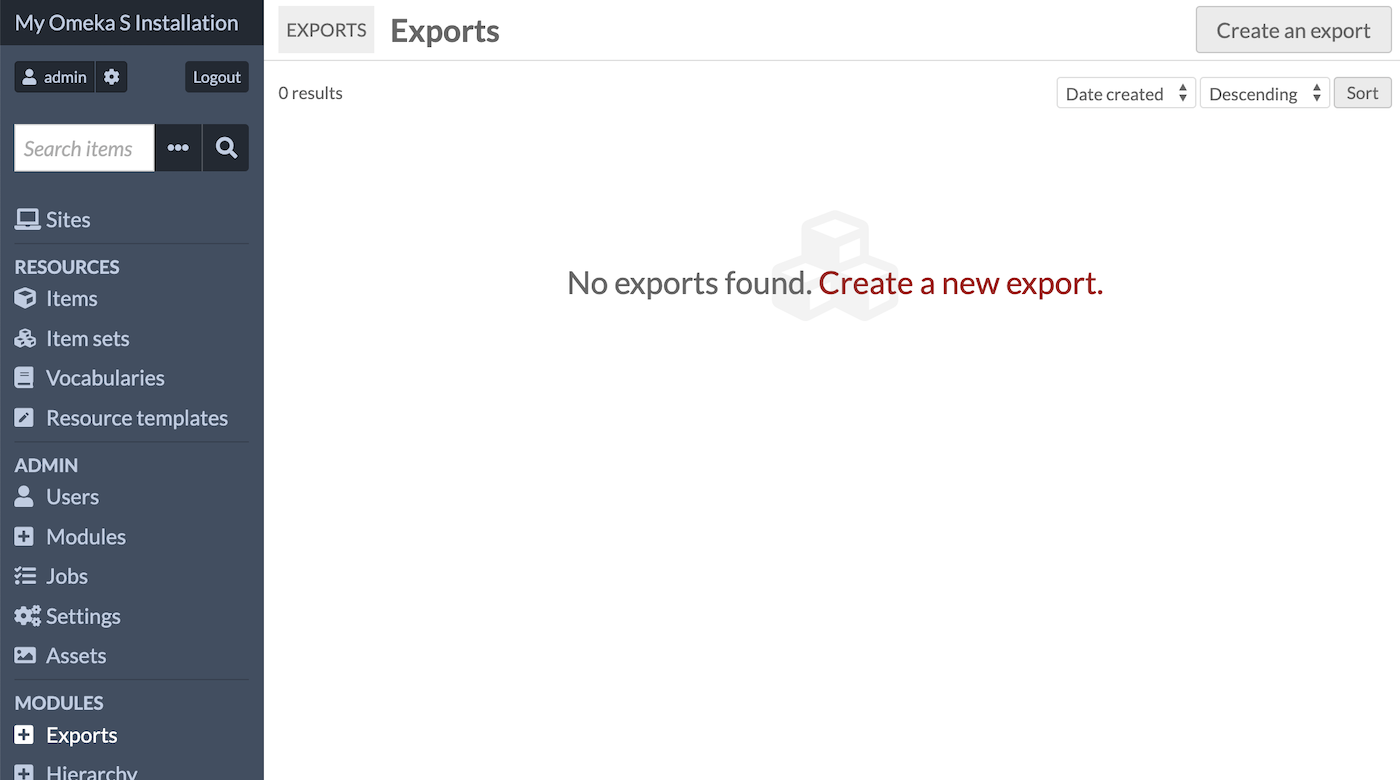 The homepage of the module, freshly installed, showing no exports performed yet.