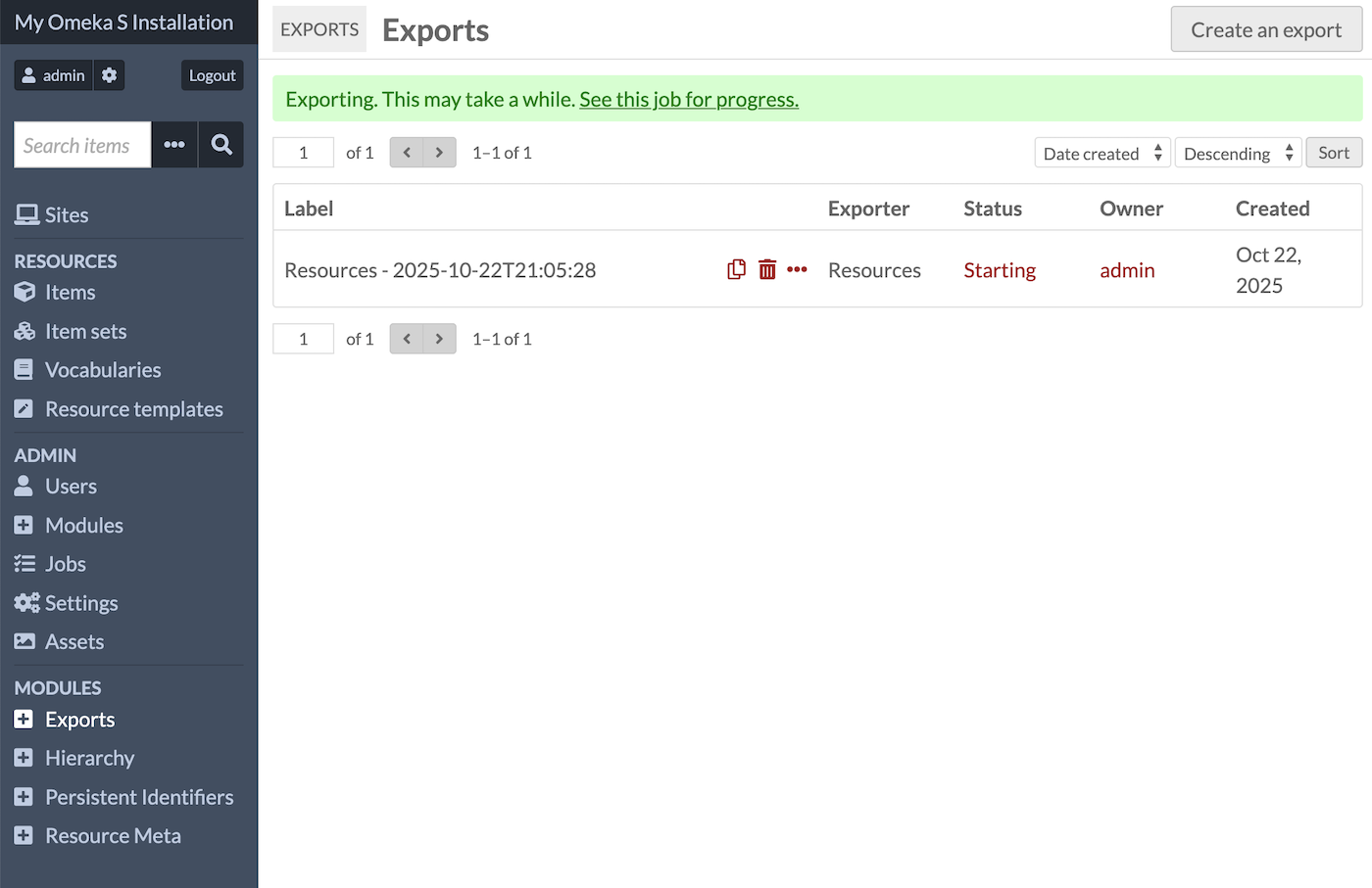 The exports table with a green bar at the top showing that an export is in progress.