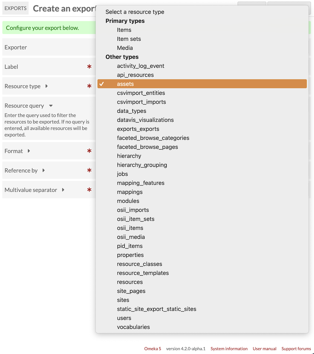 The list of information available for export.