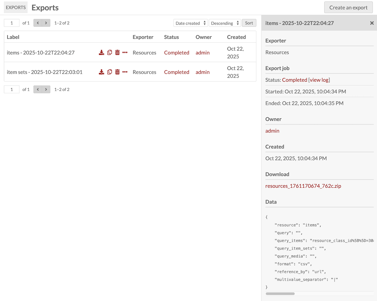 The Exports table, showing information about past exports.