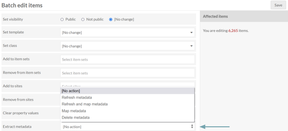 Batch edit view with Extract metadata dropdown open