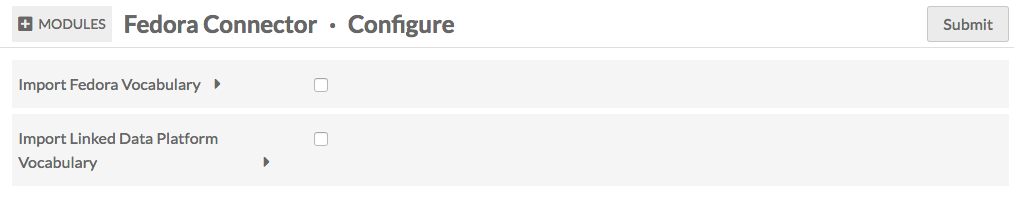 Two checkbox options, the first being “Import Fedora Vocabulary” and the second “Import Linked Data Platform Vocabulary”