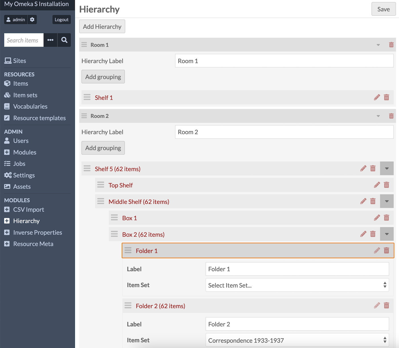 An example Hierarchy screen is filled out