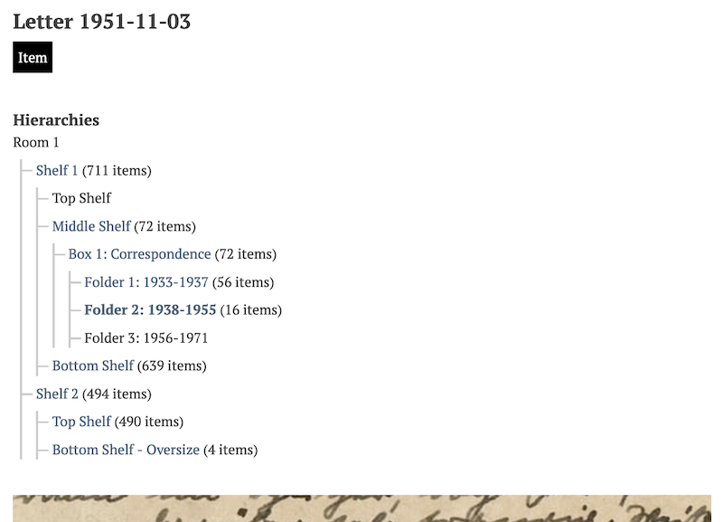 An item view page with the hierarchy at top.