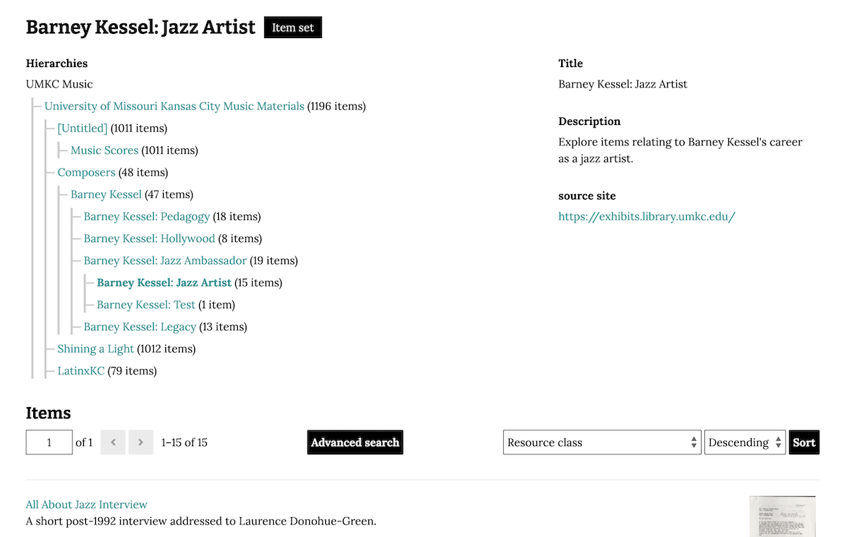An item view page with the hierarchy at top.