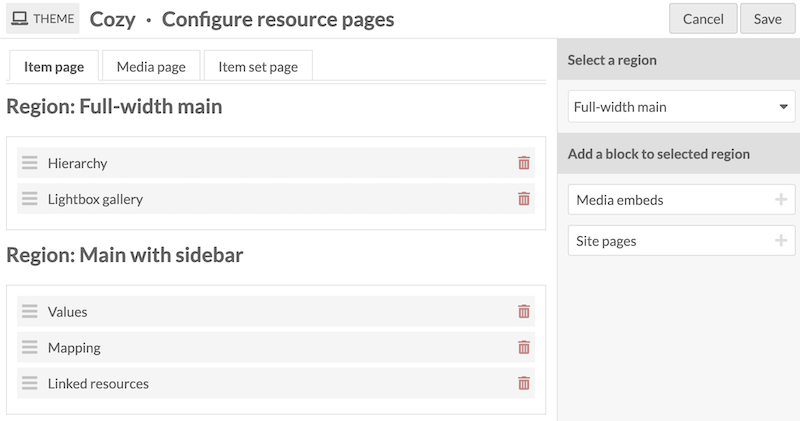The items view page settings in the admin side, with the Hierarchy block included.