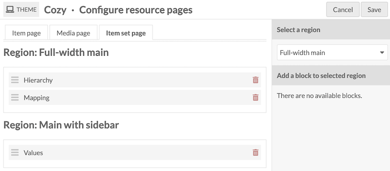 The item set view page settings in the admin side, with the Hierarchy block included.