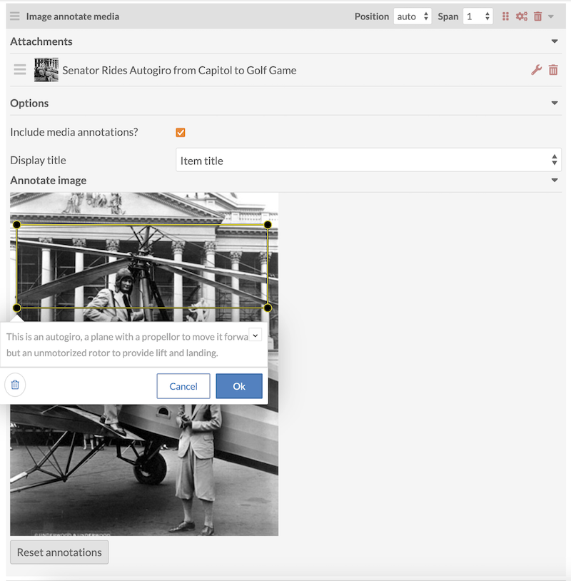 The Image annotate media page block with settings reflected below.