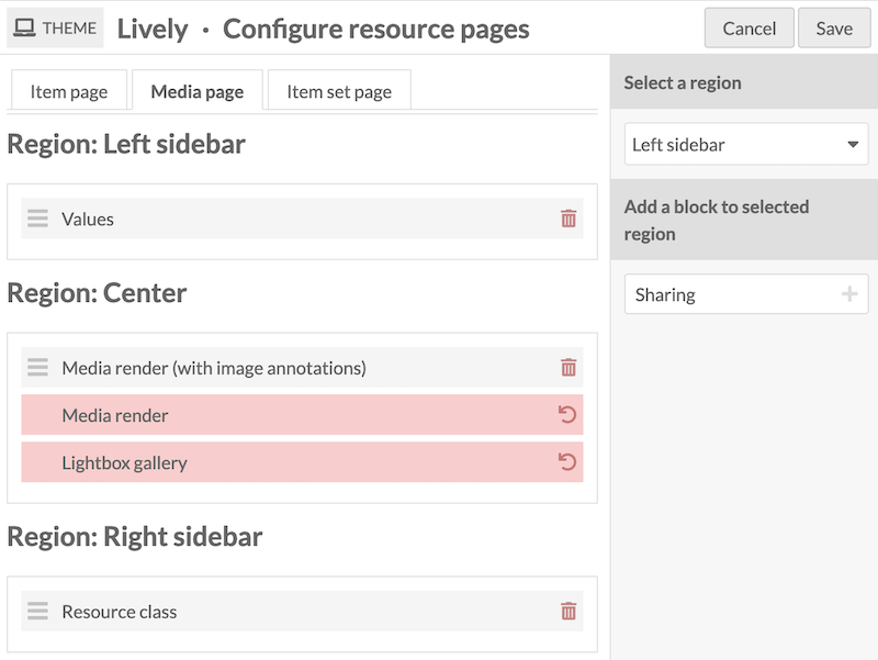 The media resource page settings, with "Media render (with image annotations)" appearing as a block above "Media render" and "Lightbox gallery".