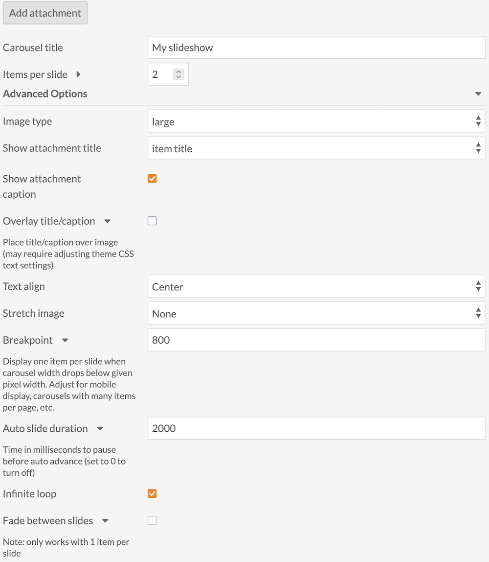 An item carousel block detail image focused on the advanced options settings.
