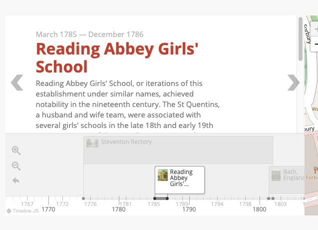 Interval timeline with both Steventon Rectory and Reading Abbey Girls' School. The latter is open and highlighted in the timeline display; it is shorter than and nested under the timeline display for the Rectory.