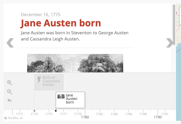 Timestamp timeline showing markers for the births of Cassandra and Jane Austen in the 1770s