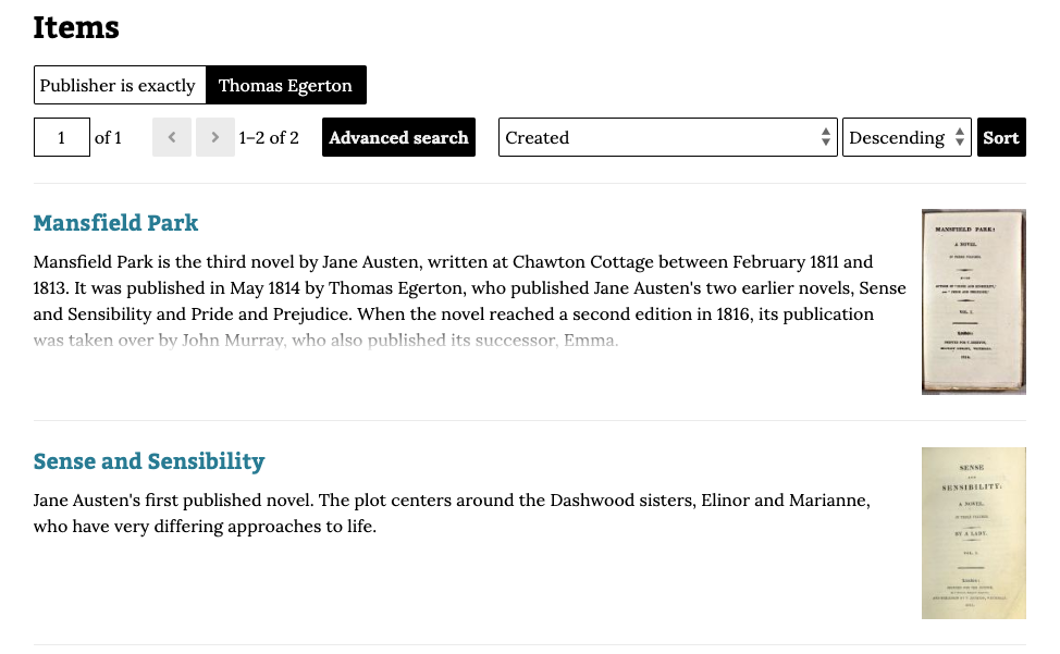 An Items search result screen showing that the search is "Publisher is exactly: Thomas Egerton" with two results visible