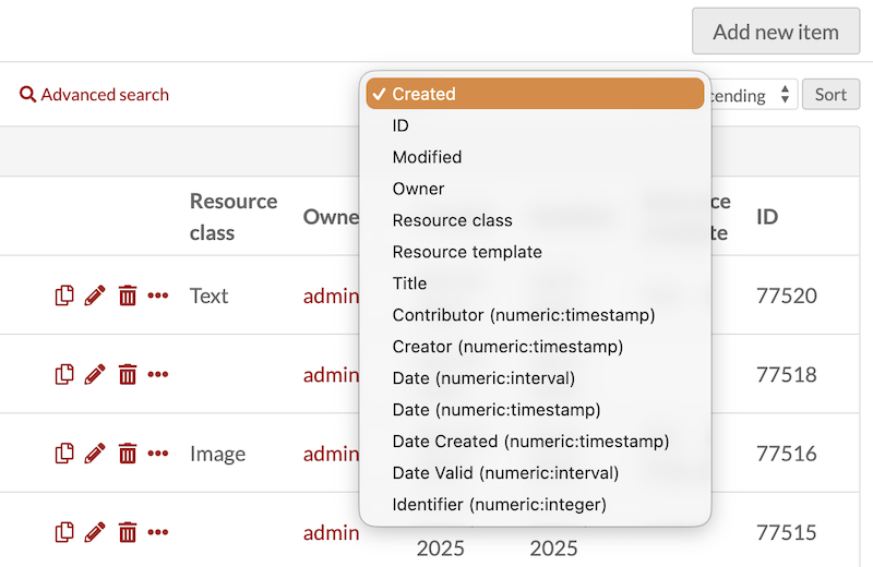 The contents of the dropdown, with the normal options in addition to eight properties using numeric data types.