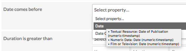 Close up of the "Date comes before" search, displaying the hovertext for the Date property