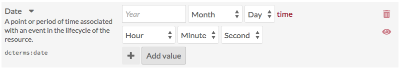 Empty timestamp fields, for property Date, with a row of time entry options below the date entry options