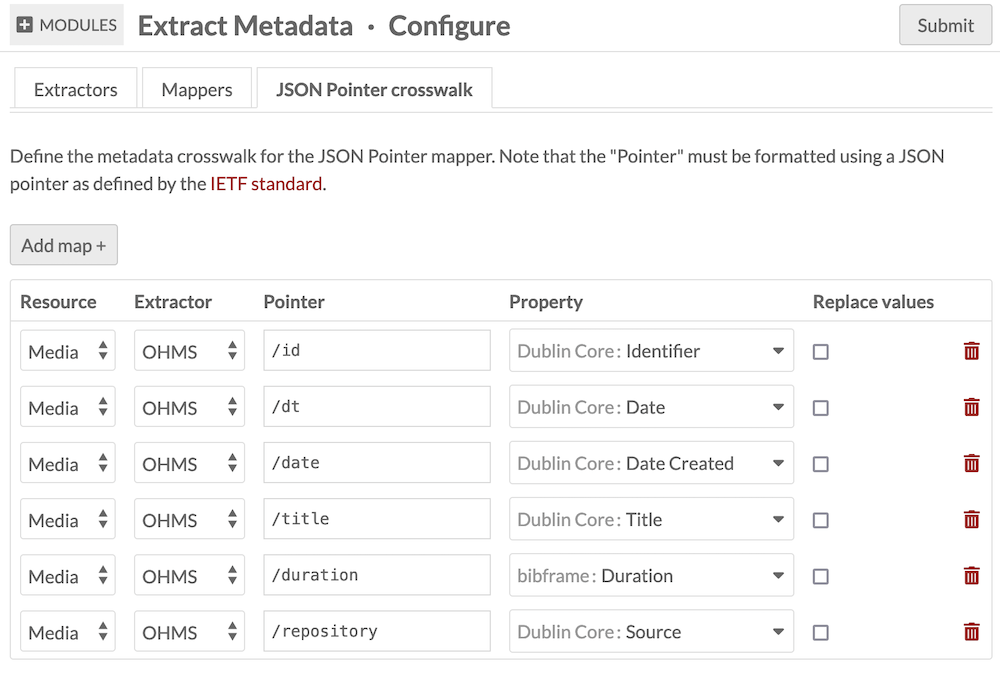 Extract Metadata module config page with "OHMS" enabled.