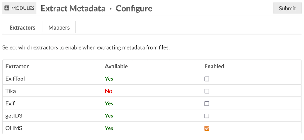 Extract Metadata module config page with "OHMS" enabled.