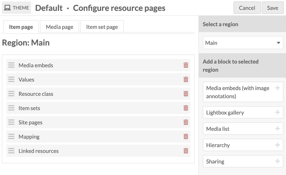 The resource page config with "Media embeds" at the top of the Items page.