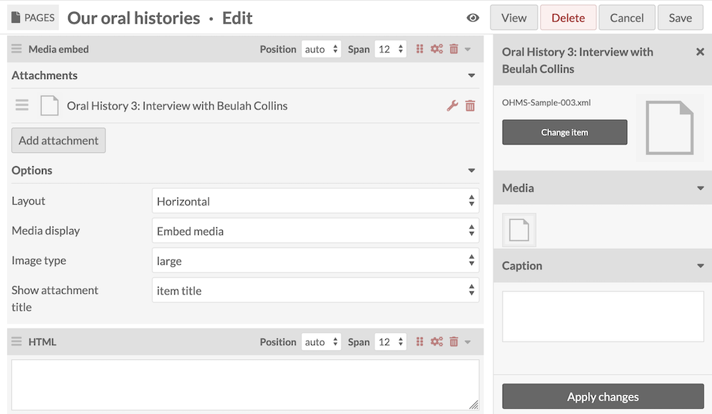 Page editing showing the Media embed block with settings.