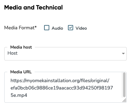 Image of the OHMS Metadata Editor screen with a focus on the Media and Technical section, showing Host selected from the options and the URL of an orignal file in the Media URL property