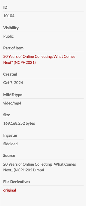 Right panel of media description focused on the File Derivatives section, showing the link to the Original file.